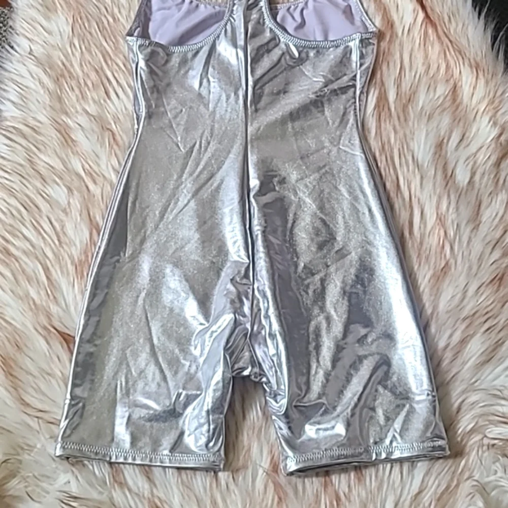 NWT SKIMS Metallic Swim Cycle Suit Size S Nickel